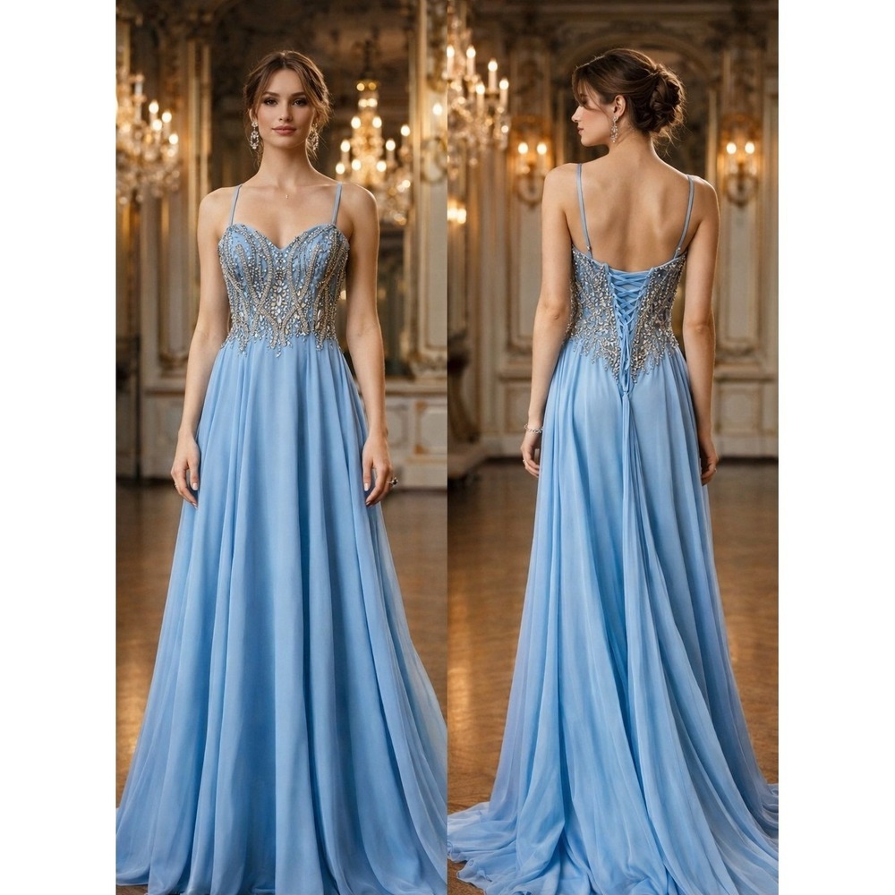 Dave & Johnny Blue Rhinestone Corset‎ Prom Gown Lace Up Formal Dress 3/4